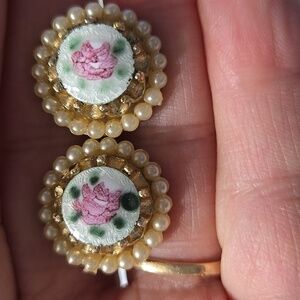 Vintage 1940's Guilloche Coro Signed Goldtone and Pink Floral Screwback Earrings